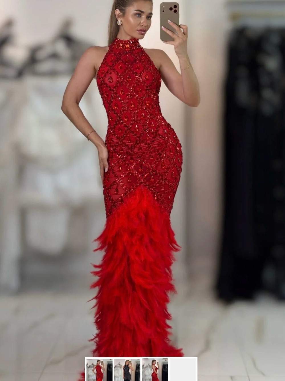 Jessica Bara Red Stone & Feather Evening Gown